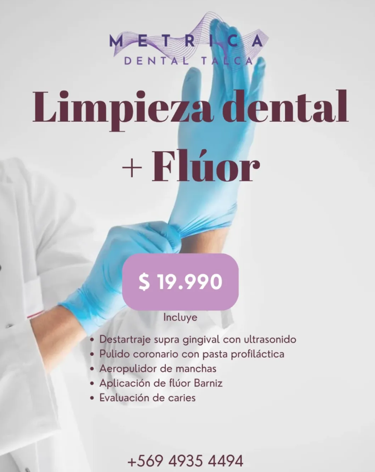 Publicación de Métrica Dental con la promoción de limpieza más flúor y las prestaciones descritas en esta tarjeta